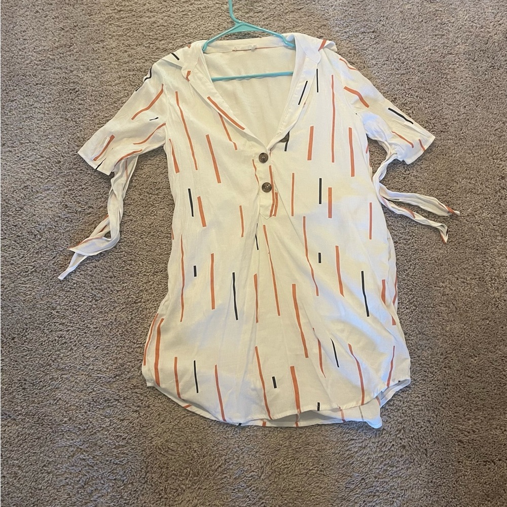 Lush White Patterned Tee Shirt Button Up Dress
